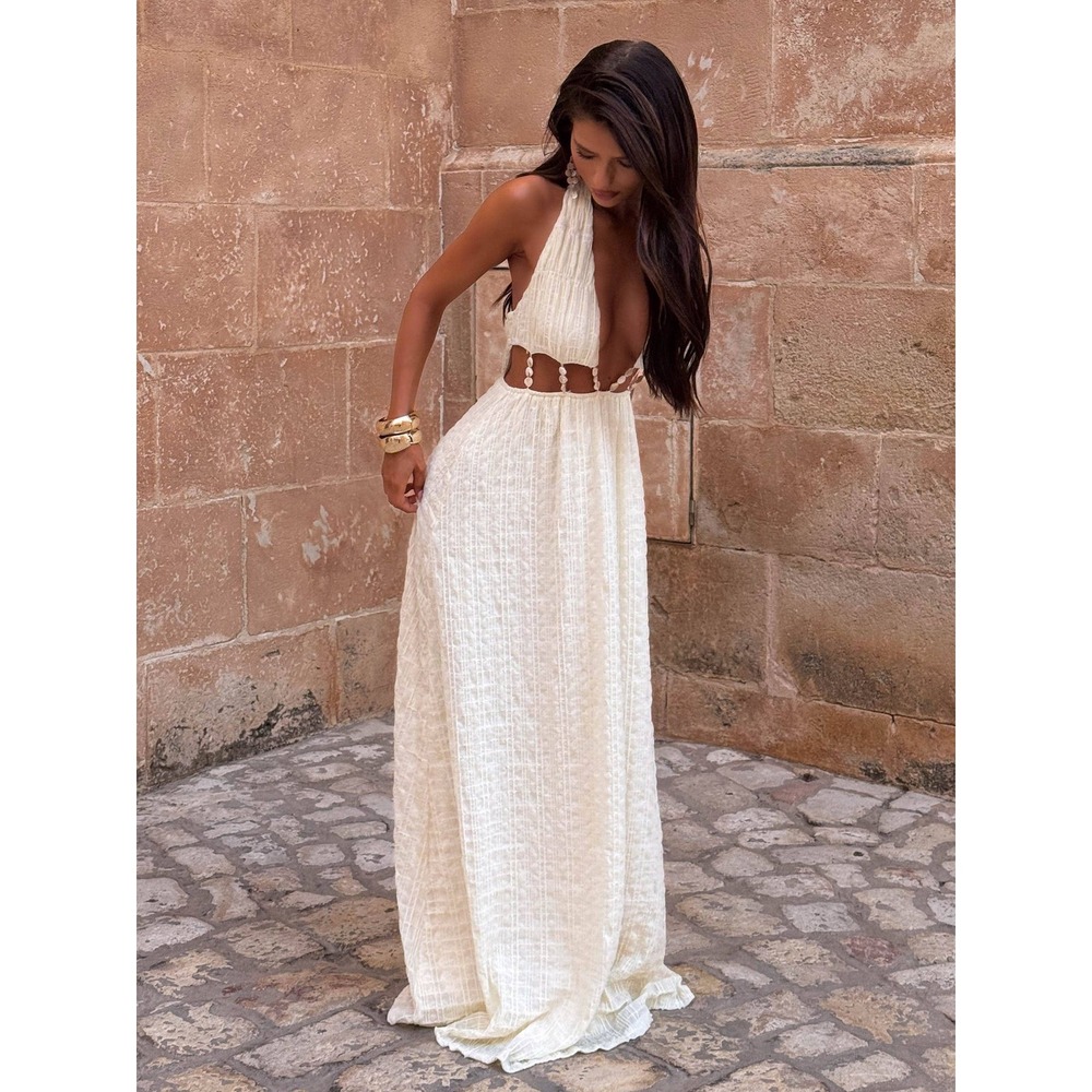 Outcast Silvia Maxi Dress Cream Textured Halter Cut-Out Gown Size Medium NEW - Picture 4 of 4